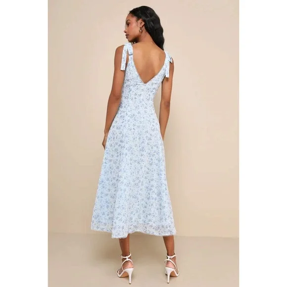 Lulus Charismatic Persona Light Blue Floral Tie-Strap Midi Dress Size XL - Picture 3 of 5